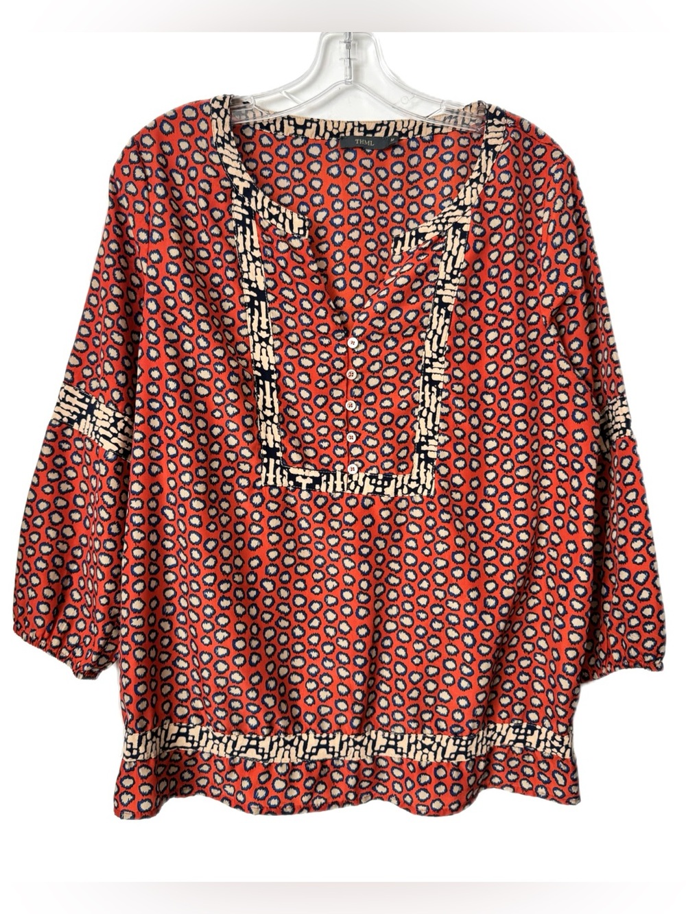 THML Boho Print Peasant Blouse Size M Rust Navy 3/4 Sleeve Tunic Top